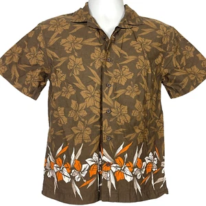 Old Navy Youth Hawaiian Shirt Brown size Large 36x24 Floral Hibiscus Tropical - Picture 1 of 6