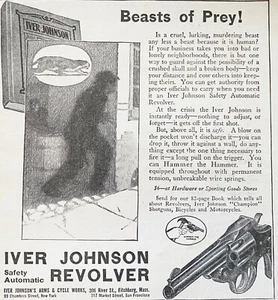 REVÓLVER IVER JOHNSON Beasts of Prey Cruel Lurking Burglar de colección 1914 anuncio impreso de pistola - Imagen 1 de 3