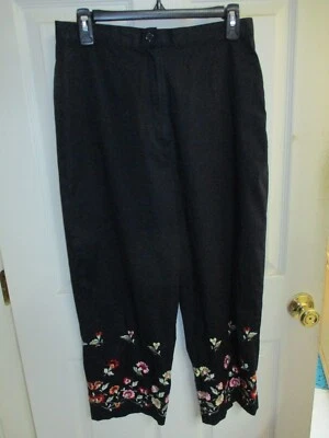 Larry Levine Cropped Pants Black Embroidered Floral Ankle High Rise Sz 12 - Image 1 of 4