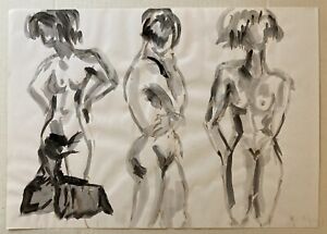 Aquarell drei stehende weibliche Akte Anonym 30 x 40 cm Expressiv