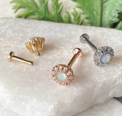 1 pieza Flor de gema de opalita 16 g Labret acero roscado interno Monroe Tragus Helix Foto 1 de 4