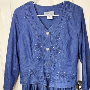 Vintage Damen blau Denim Western Nieten Kleid Schulterpolster klassisch 10P - Bild 1 von 16