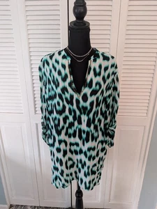 Blusa túnica para mujer Nicole By Nicole Miller XL azul verde leopardo con cuentas - Imagen 1 de 10