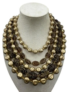Vintage 50’s-60’s Gold Faux Pearls W Geode Molded Glass Necklace Multi Strands - Picture 1 of 6