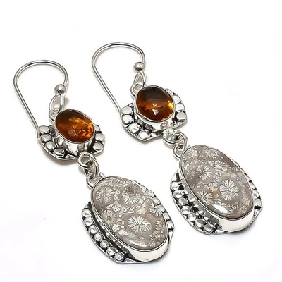 Pendiente de joyería de plata de ley 925 con piedras preciosas de topacio y coral fósil 2,36" T402 Foto 1 de 2