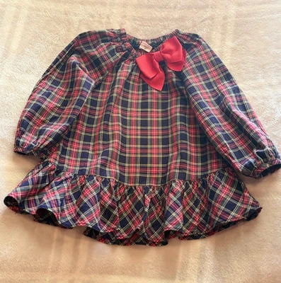 Girls Plaid Dress with Red Bow – Long Sleeve Ruffle Hem – Christmas, Size 2t - Image 1 of 3