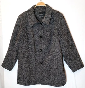 London Fog Women 2X Tweed Coat Wool Blend A-Line Swing Black Classic Chic - Picture 1 of 13