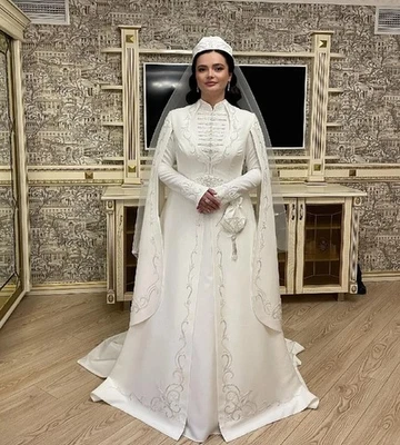Elegant Muslim Wedding Dresses High Neck Long Sleeves Satin Applique Bridal Gown - Image 1 of 4