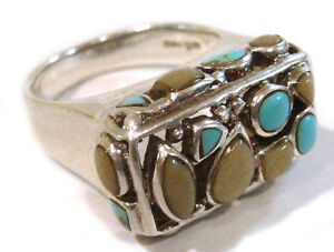 TAXCO .925 Sterling Silver Ring w/Mother of Pearl & Turquoise Size 9.75 - Mexico