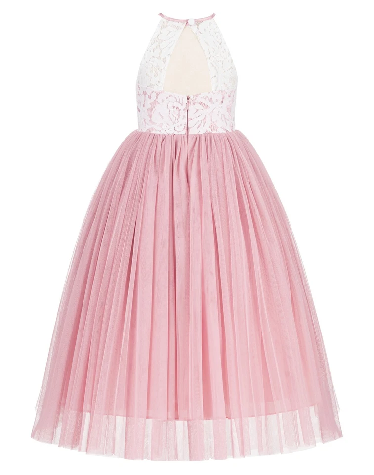 Бретель с бретелью через шею цветок девочка платье кружева назад платье первого причастия Pageant платье - Изображение 1 из 1