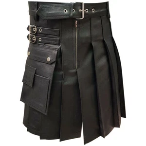 Leather Kilt Pleated Black Real LARP Men Scottish Gladiator Utility Flat Front - Picture 1 of 4