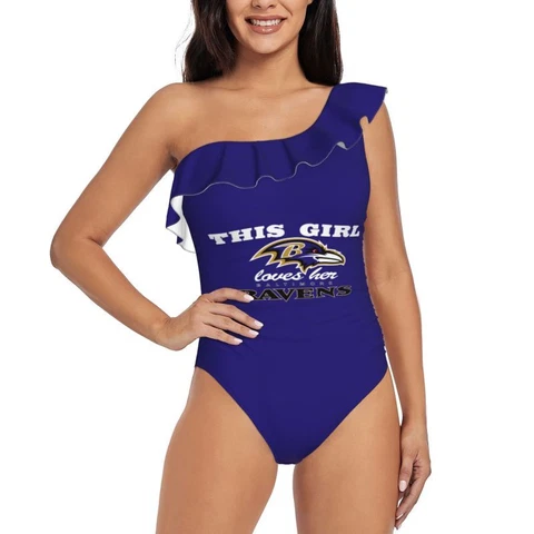 This Girl Loves Her Baltimore Ravens Women's One Shoulder Ruffle Swimsuits Cover