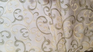EMBROIDERED SWIRLS YELLOW GREEN ON WHITE POLY/ LINEN DRAPERY FABRIC - Picture 1 of 3
