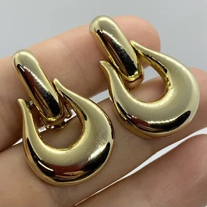 Vtg Couture Gold Door Knocker Puffy Dangle Clip Earrings 1.25” - Picture 1 of 4