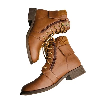 Top Moda Mujer Bota con Cordones Cremallera Lateral Talla 5 1/2 Marrón Imitación Cuero Foto 1 de 4