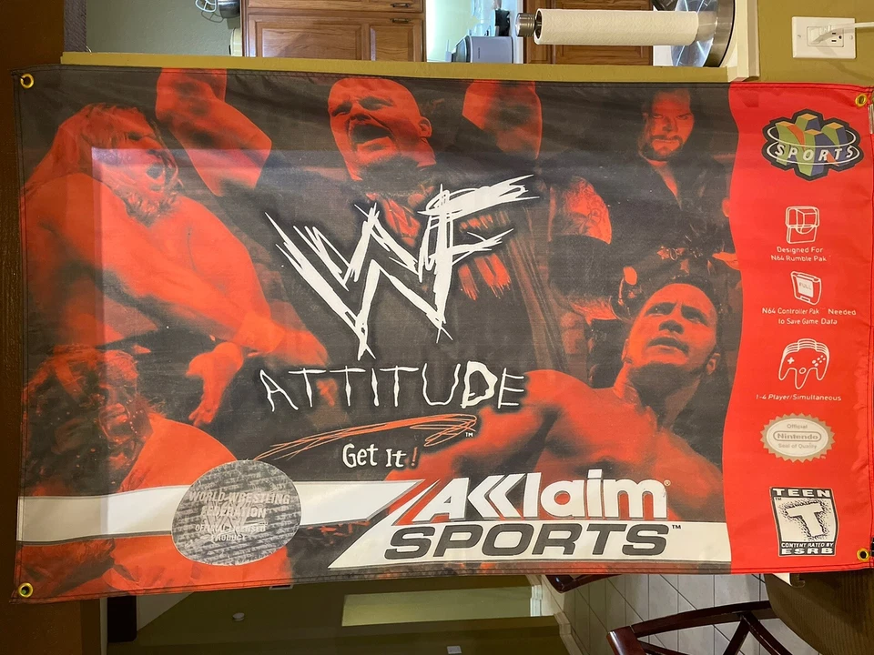 Póster Bandera WWF Attitude Get It Nintendo N64 5 pies 1999 64 WWE Stone Cold Foto 1 de 3
