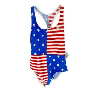 Speedo Swimsuit Girls 16 Red White Blue One Piece Racerback USA Flag Stars NEW - Picture 1 of 13