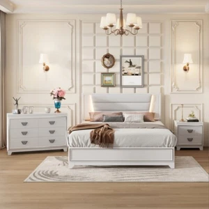 3 Pieces Bedroom Sets Queen Size Bed w LED Lights, Nightstands & Dresser, White - Picture 1 of 24