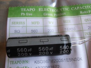 2X 560uf 200V SG series Electrolytic cap. +105C High Ripple 5000hrs 18x50 Teapo - Picture 1 of 1