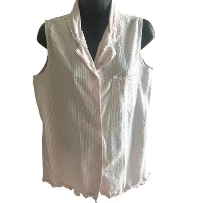 Pink Seersucker Sleeveless Top L Cottagecore Loungewear Floral Trim Soft Girl - Image 1 of 4