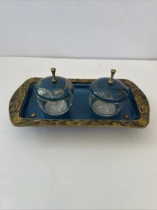 Set of 2 Brass Ornate Enamel Condiment Jars w Under Tray Israel No Spoons - Picture 1 of 7