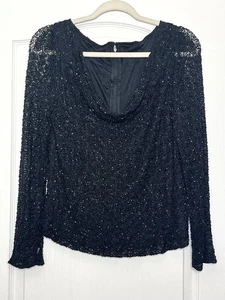 Vintage Carmen Marc Valvo Perlen Häkel Langarm Top Gr. 6 schwarz gefüttert Abend - Bild 1 von 8