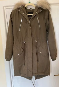 New Look Green Parka Coat Size 6 Fur Hood Zip Closure Ties To Tighten Waist - Picture 1 of 12
