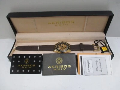 Akribos XXIV Reloj Automático Esqueleto Hombre Negro Tono Dorado Redondo 45mm Nuevo Foto 1 de 4