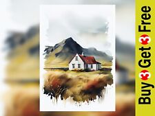 Secluded Cottage Landscape Watercolor Art Print - Idyllic Retreat, 5" x 7" Paper