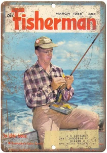 Letrero metálico reproducción portada de revista The Fisherman 1956 12" x 9" - Imagen 1 de 1
