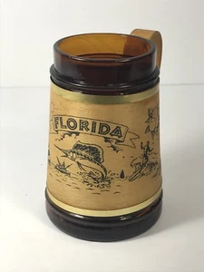 Vintage Bambus & Braunglas FLORIDA Bierkrug - Palmen Segelfisch - Bild 1 von 10