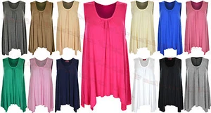 WOMEN HANKY HEM TOP LADIES LONG SLEEVELESS ASYMMETRIC SCOOP NECK  FLARED  VEST  - Picture 1 of 21