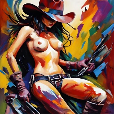 Vaquera Pecho Desnudo Arte Abstracto Lienzo Original 16""x24"" Vaquera Desnuda Estampado Artístico Foto 1 de 4