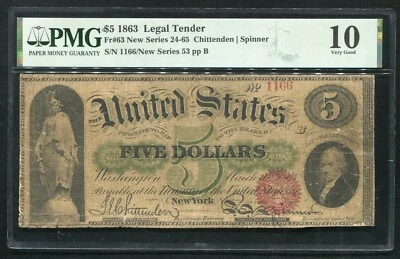 FR. 63 1863 $5 FIVE DOLLARS LEGAL TENDER UNITED STATES NOTE PMG VERY GOOD-10 - Image 1 of 2