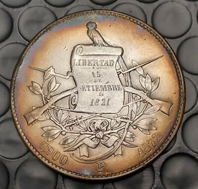1872 Guatemala Silver Peso Large World Coin Au Details Toned LOW MINTAGE 14K - Image 1 of 2
