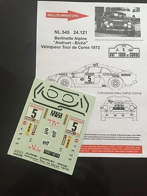 DECALS 1/24 ALPINE RENAULT A110 ANDRUET TOUR DE CORSE 1972 WRC RALLYE RALLY - Изображение 1 из 2