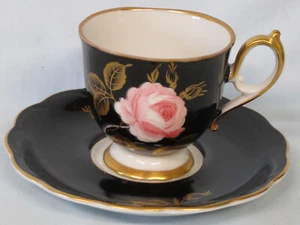 Royal Bayreuth Black Cup & Saucer With Red Rose US Zone - Picture 1 of 6