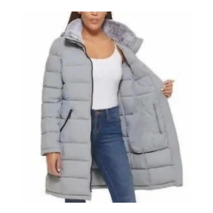 Andrew Marc Women's Jacket Puffer Long Hooded Faux Fur Light Gray Size XXL