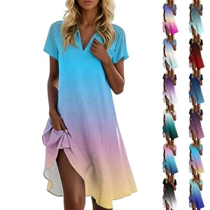Womens Sun Dresses 2025 Swing Short Sleeve V Neck Floral Print Knee Length Dress - Picture 1 of 48