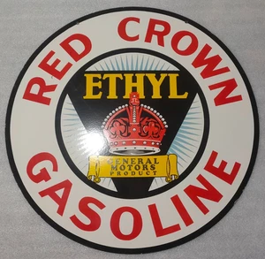 RED CROWN ETHYL GASOLINE GAS & OIL PORCELAIN ENAMEL SIGN 30" DSP. - Picture 1 of 8