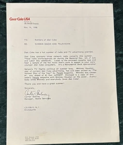 Coca-Cola Official Letter 1986 Whitney Houston Summer Radio & TV Don Johnson - Picture 1 of 5