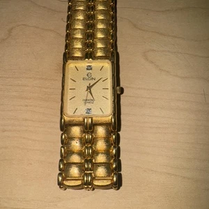VTG Elign Watch Mens 23mm Rectangle Tank Style Gold Tone Diamond No Battery - Picture 1 of 5