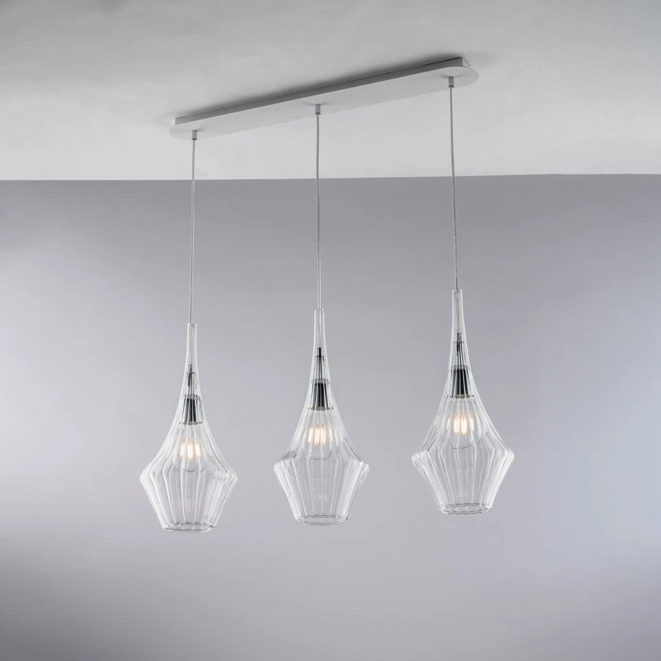 Lampadario Binario Moderno Zeus Metallo Bianco Vetro Trasparente 3 Luci E27 - Immagine 1 di 1