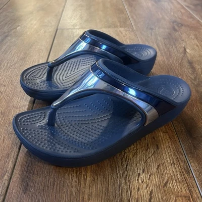 Crocs Sloane Navy Blue Metallic Silver Inlay Slip On Wedge Sandals US Women's 5 - Image 1 of 4