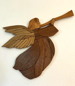 Handmade Wooden Christmas Angel with Trumpet Plaque 14" x 19" x 4/8" - Picture 1 of 5