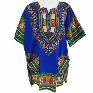 Vintage Tribal African Dashiki Caftan Tunic Top Pockets Unisex Blue L