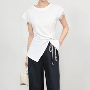 Design Lace Splicing Pleats Waist T-shirt Top New Women Crew Neck Short Sleeve - Picture 1 of 23