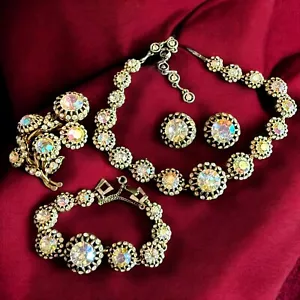 Hollycraft Jewelry Set Parure Necklace Bracelet Brooch Earrings 4 Piece Signed - Picture 1 of 10