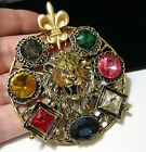 Vintage Style Jewellery Gold tone Leo LION Glass Crystal Statement Brooch Pin