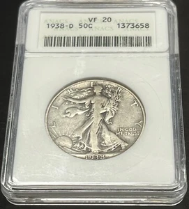 1938-D WALKING LIBERTY SILVER HALF DOLLAR ANACS VF 20..ACTUAL COIN #H299 - Picture 1 of 2